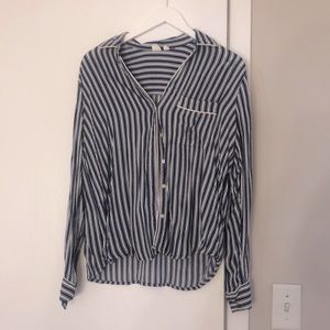 Navy Blue & Cream Striped Button Up